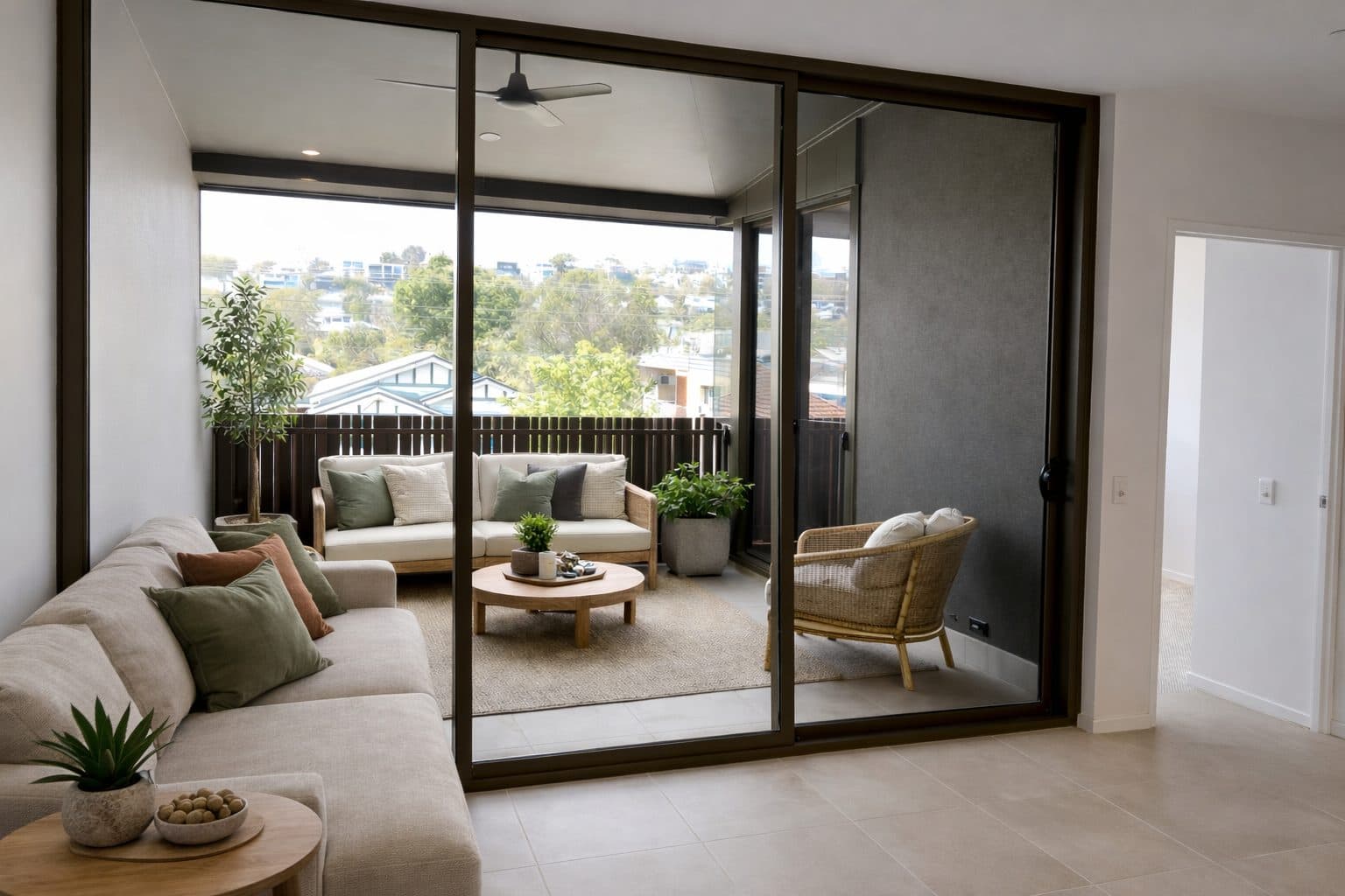 Living room with furnished balcony and district views
